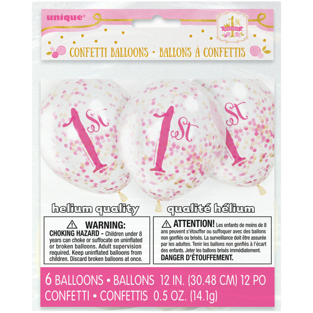 Globos Confeti 1 Año Rosa 30cm 6pcs